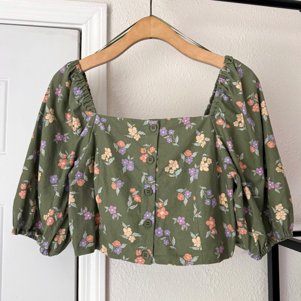 PRINCESS HIGHWAY olive sage green floral linen cotton puff sleeve cropped blouse